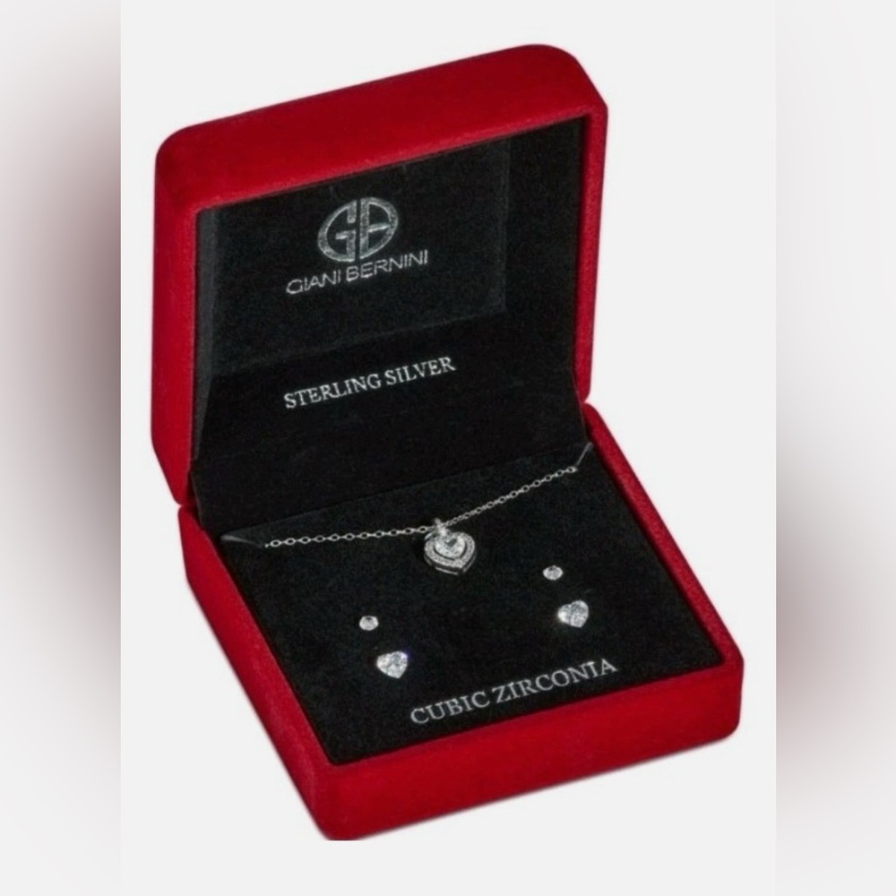 Giani Bernini CZ Heart Halo Pendant Necklace & Two Pair Stud Earrings Set